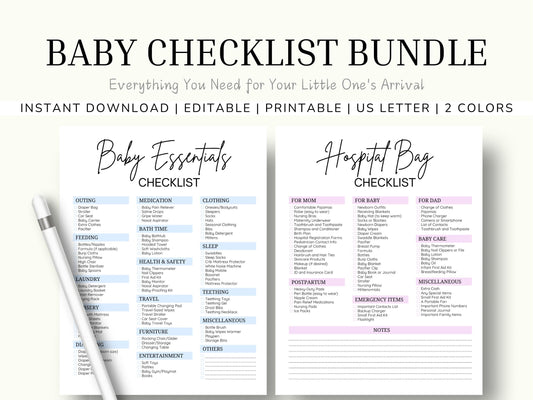Baby Essentials Checklist Bundle: First Time Mom Planner (Digital Download)