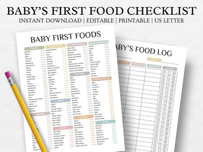 Liste modifiable des premiers aliments pour bébé : Tableau et suivi de la diversification alimentaire (Téléchargement numérique)