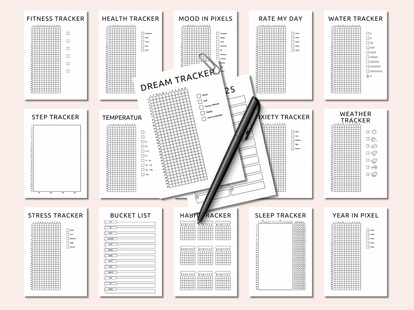 Premade Yearly Tracker Bundle, Bullet Journal Inserts A4 A5 (Digital Download)