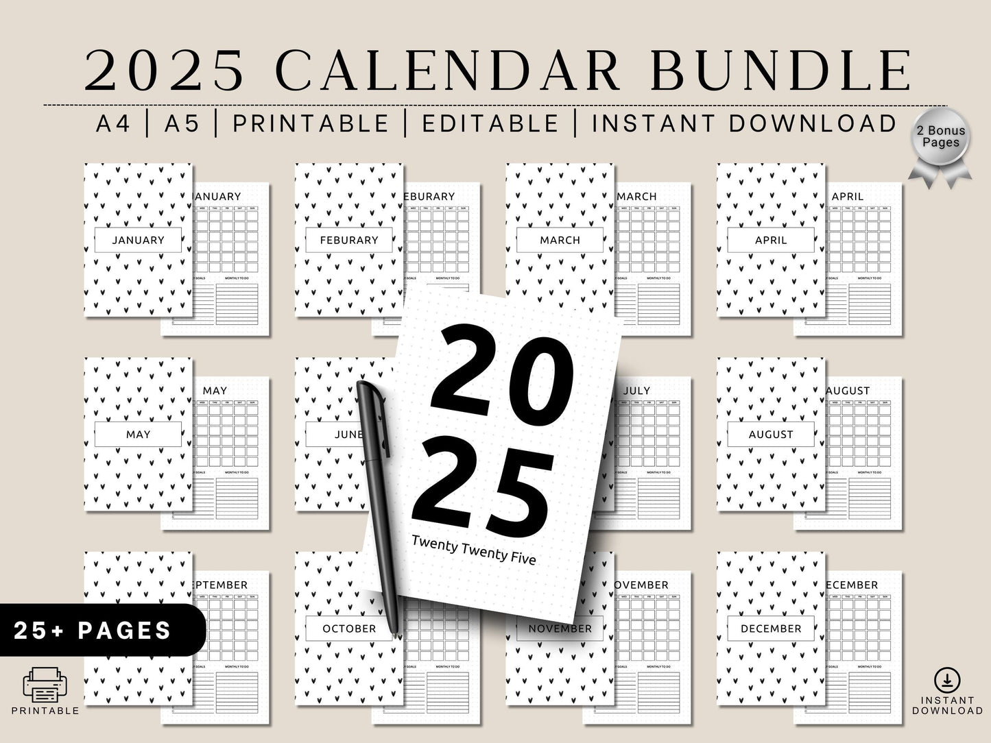 Druckbares Kalender-Bundle mit Blumenmuster für 2025: A4 A5, bearbeitbar (Sofort-Download)