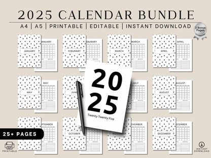 Druckbares Kalender-Bundle mit Blumenmuster für 2025: A4 A5, bearbeitbar (Sofort-Download)
