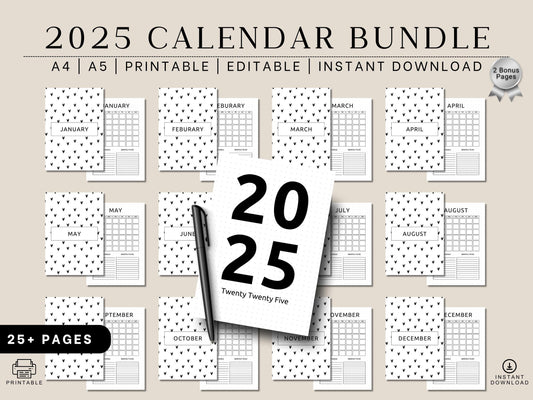 2025 Floral Printable Calendar Bundle: A4 A5 Editable (Instant Download)