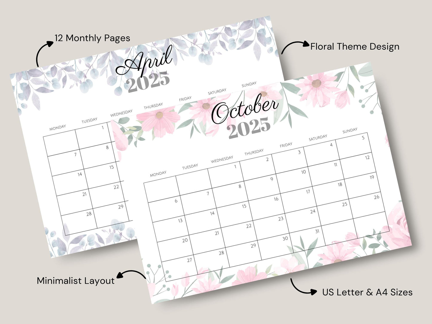 2025 Floral Calendar Printable: Monthly Elegant Design (Instant Download)