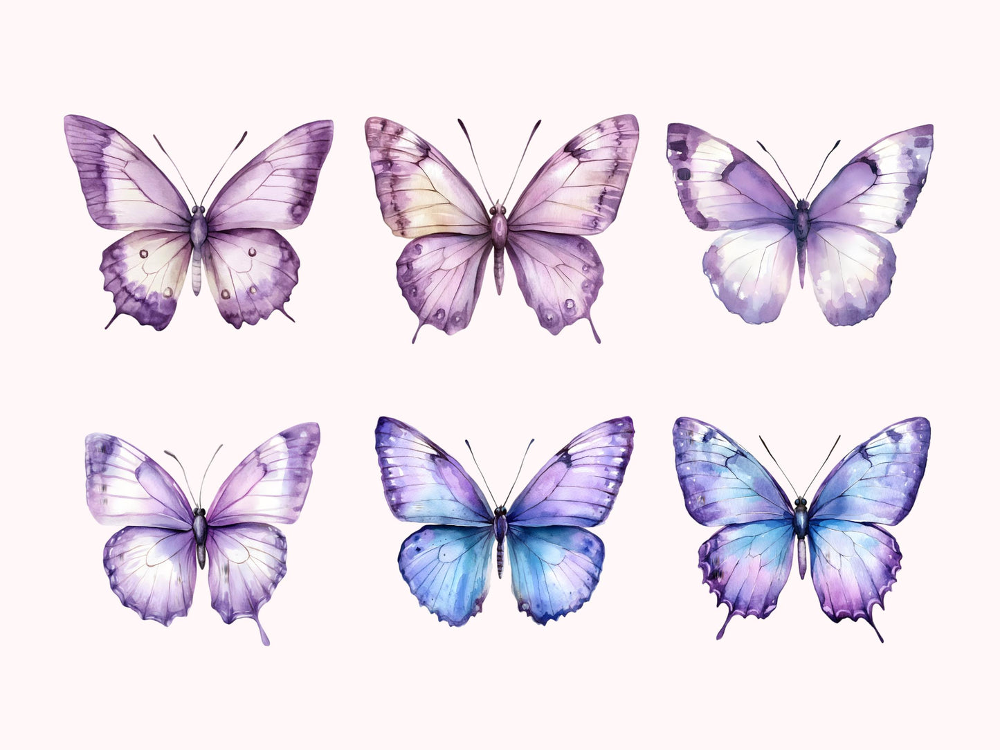 Clipart-Bundle mit lila Schmetterlingen, Aquarell-Schmetterlings-Clipart-Bundle (PNG), Gartenblumen-Clipart, Fliederfarbene Schmetterlings-Clipart