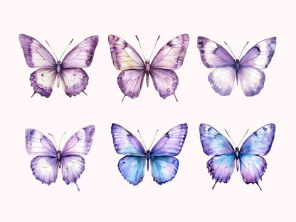 Clipart-Bundle mit lila Schmetterlingen, Aquarell-Schmetterlings-Clipart-Bundle (PNG), Gartenblumen-Clipart, Fliederfarbene Schmetterlings-Clipart
