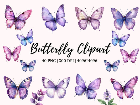 Purple Butterfly Clipart Bundle, Watercolor Butterfly Clipart png Bundle, Garden Flowers Clipart, Lilac Purple Butterfly Clipart