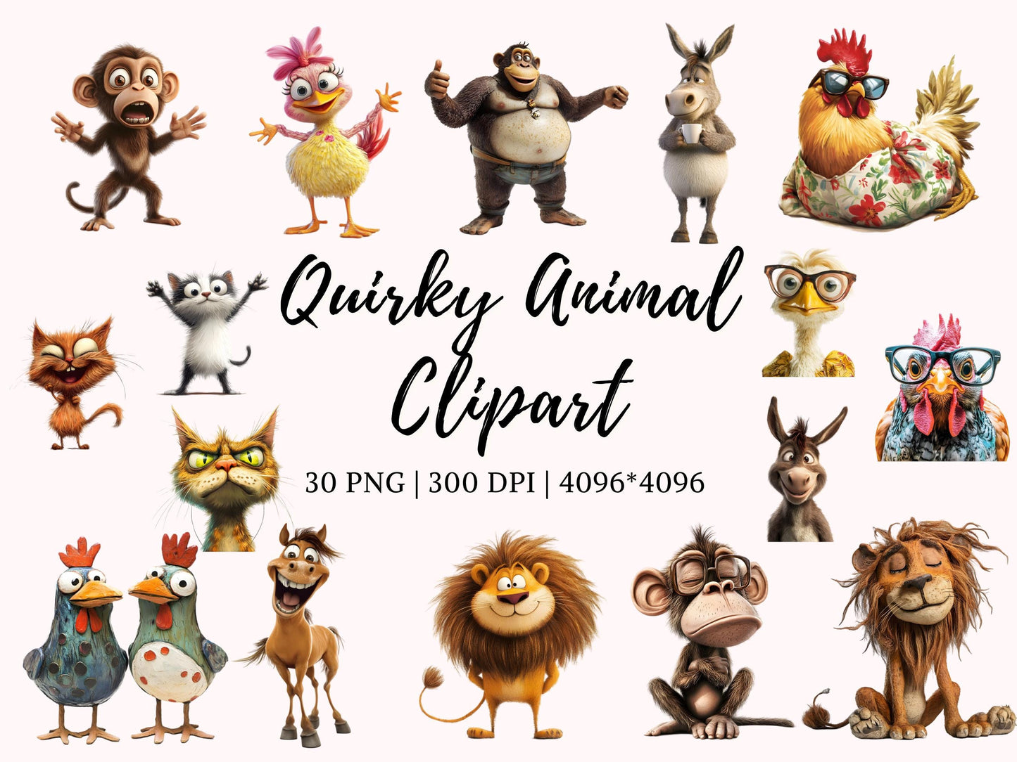 Skurriles Tier-Clipart-Bundle (PNG), Verspielte Tier-Cliparts (PNG), Verspielte Safari-Tier-Cliparts, Tier-Clipart-Bundle (PNG)