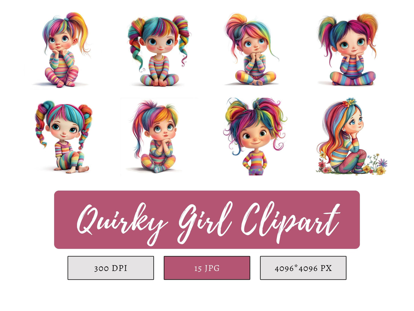 Ensemble d'images clipart de fille excentrique (PNG), images clipart de fille excentrique, images clipart de fille mignonne et excentrique, images clipart de fille fantaisiste, éphémères fantaisistes, téléchargement numérique