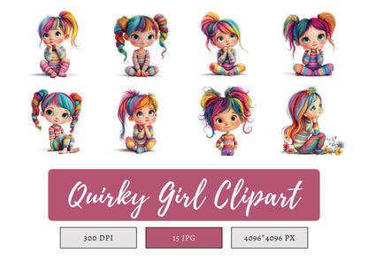 Ensemble d'images clipart de fille excentrique (PNG), images clipart de fille excentrique, images clipart de fille mignonne et excentrique, images clipart de fille fantaisiste, éphémères fantaisistes, téléchargement numérique