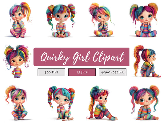 Quirky Girl Clipart Bundle png, Quirky Girl Clipart, Cute Quirky Girl Clipart, Whimsical Girl Clipart, Whimsical Ephemera, Digital Download