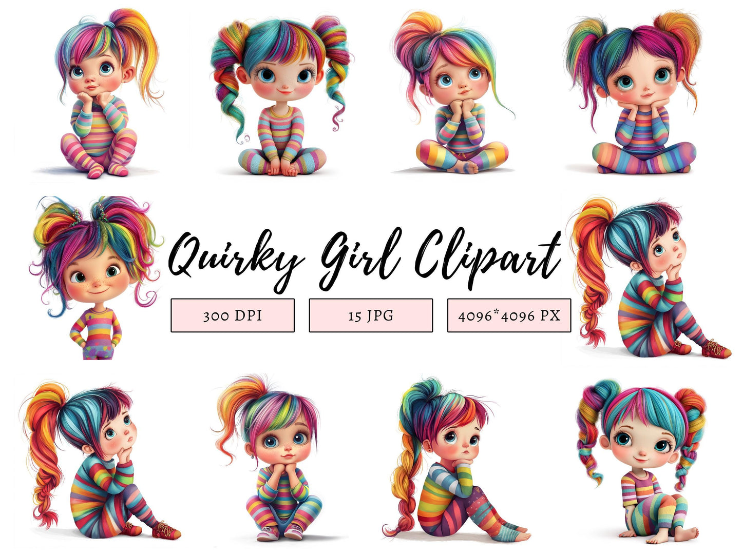 Ensemble d'images clipart de fille excentrique (PNG), images clipart de fille excentrique, images clipart de fille mignonne et excentrique, images clipart de fille fantaisiste, éphémères fantaisistes, téléchargement numérique