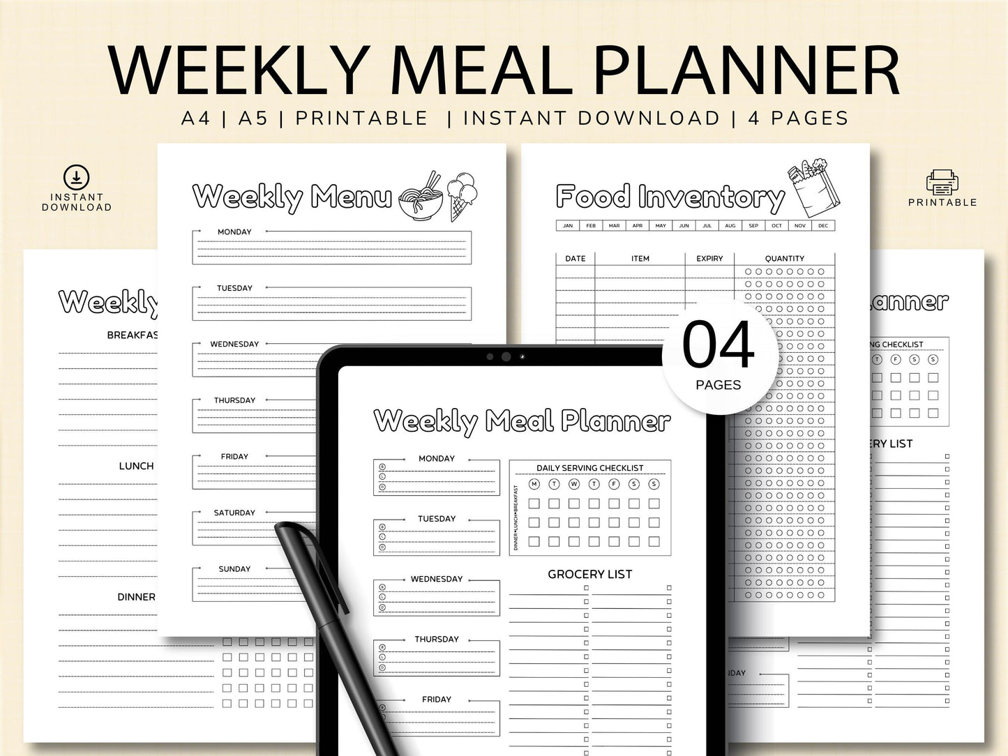 Weekly Meal Planner Template: A4 A5 Menu, Grocery List (Digital Download)