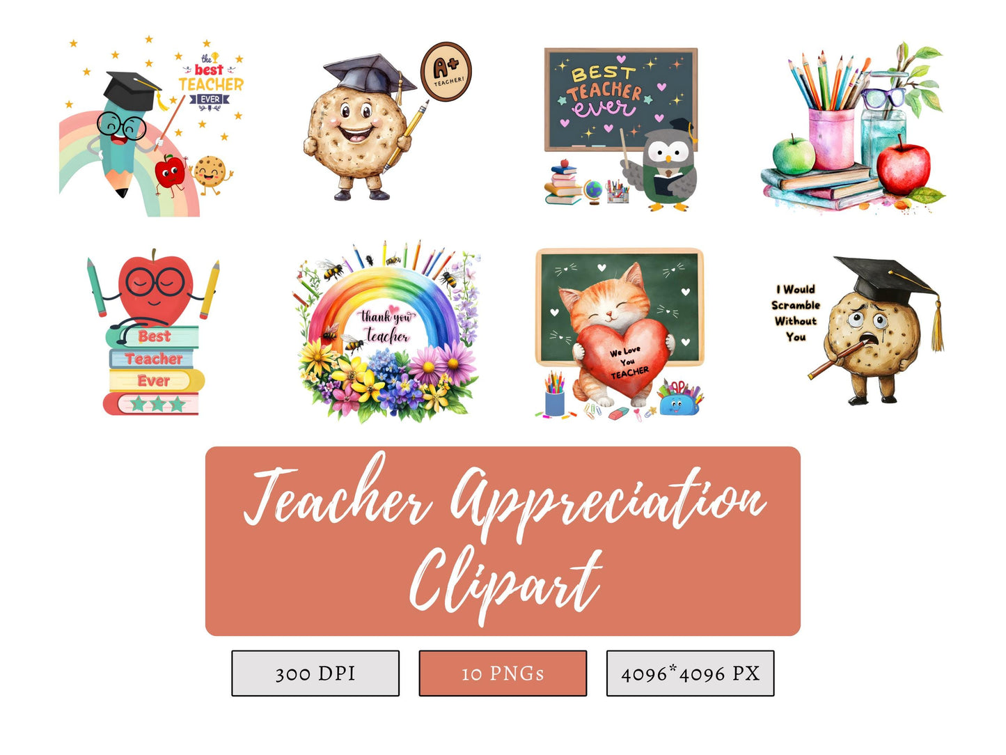 Teacher Appreciation Clipart Bundle png, Watercolor Teacher Appreciation Clipart, Retro Teacher pg Bundle, Teacher png, Digital Download