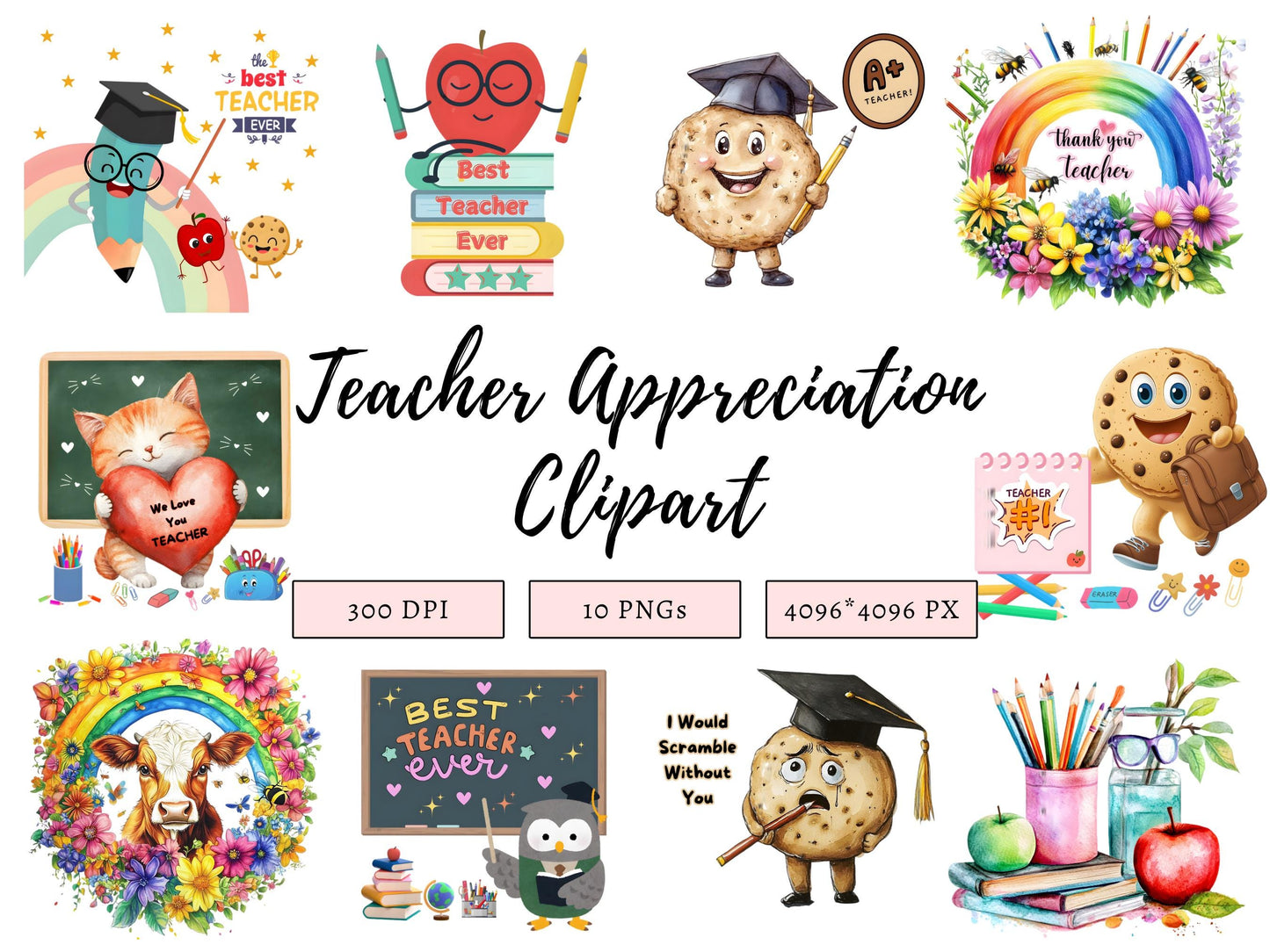 Teacher Appreciation Clipart Bundle png, Watercolor Teacher Appreciation Clipart, Retro Teacher pg Bundle, Teacher png, Digital Download
