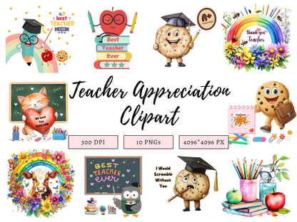 Teacher Appreciation Clipart Bundle png, Watercolor Teacher Appreciation Clipart, Retro Teacher pg Bundle, Teacher png, Digital Download