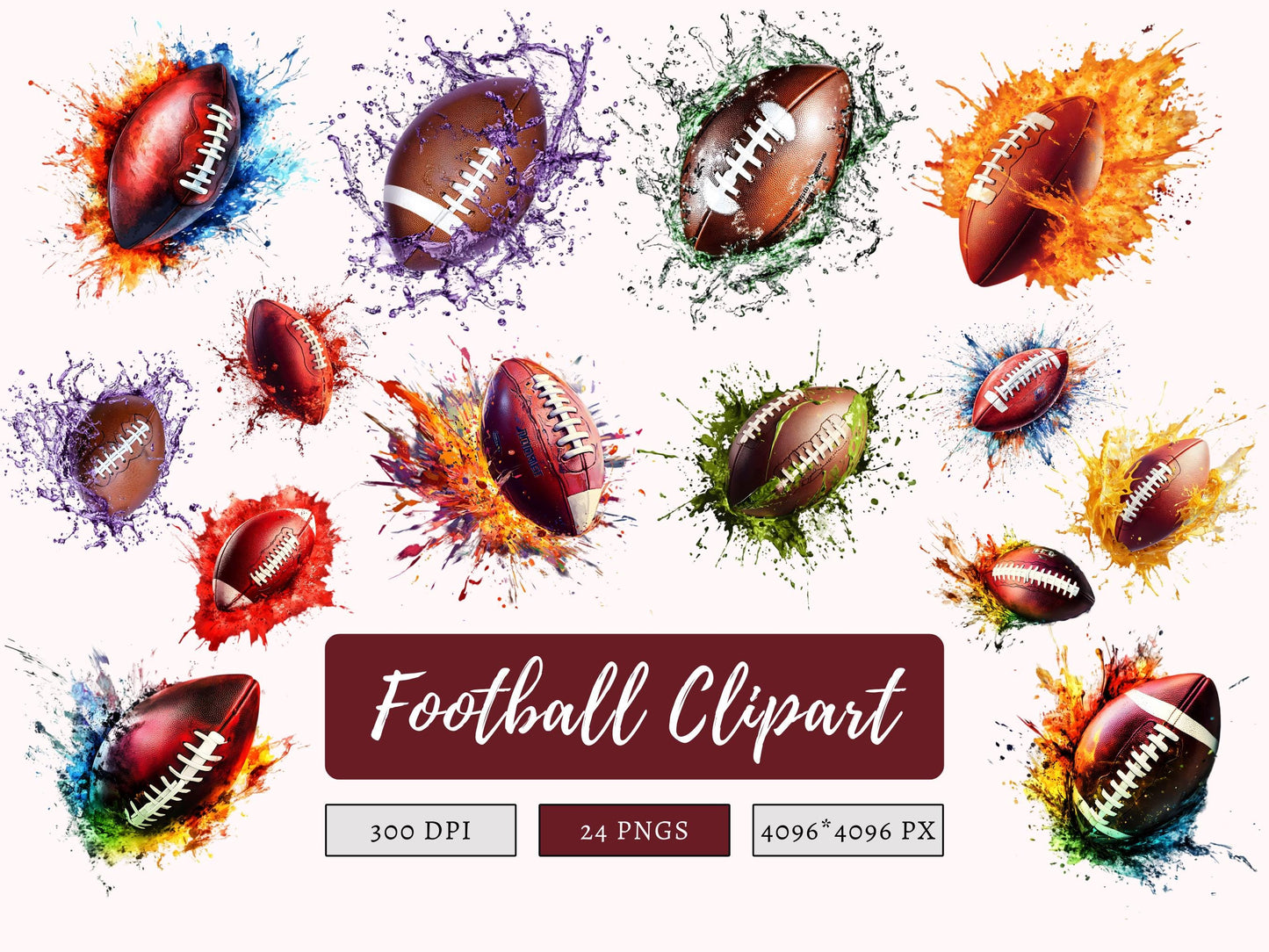 Watercolor Football Clipart Bundle png, Football Collection Clipart, Football Clipart, Football Printable Clipart, Football png Bundle
