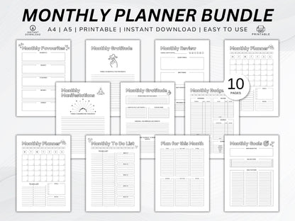 Printable Monthly Planner Bundle: To-Do List, Budget, Gratitude (A4/A5 Digital Download)
