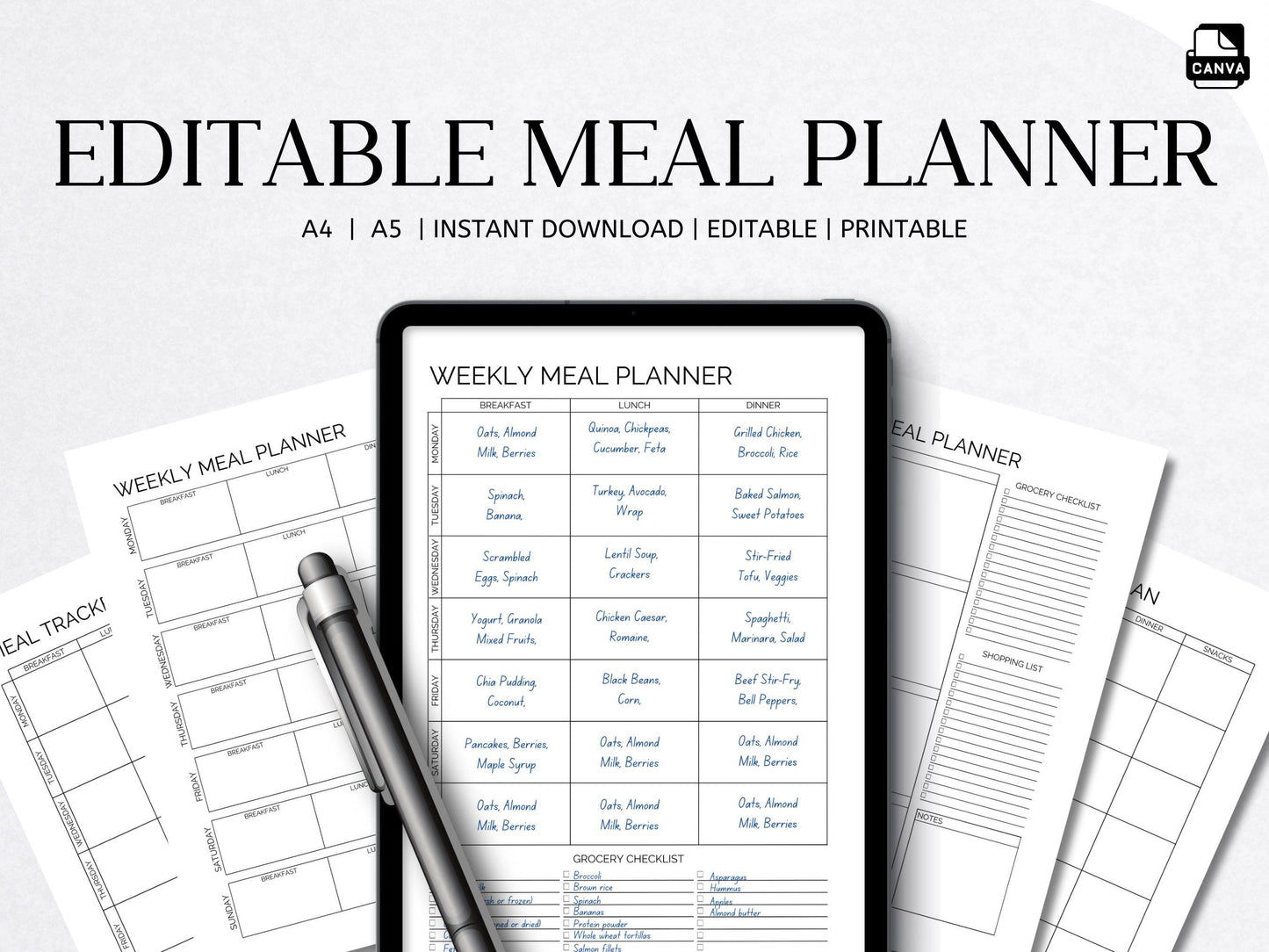 Editable Weekly Meal Planner Template: A4/A5 Printable (Digital Download)