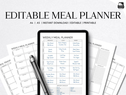 Editable Weekly Meal Planner Template: A4/A5 Printable (Digital Download)