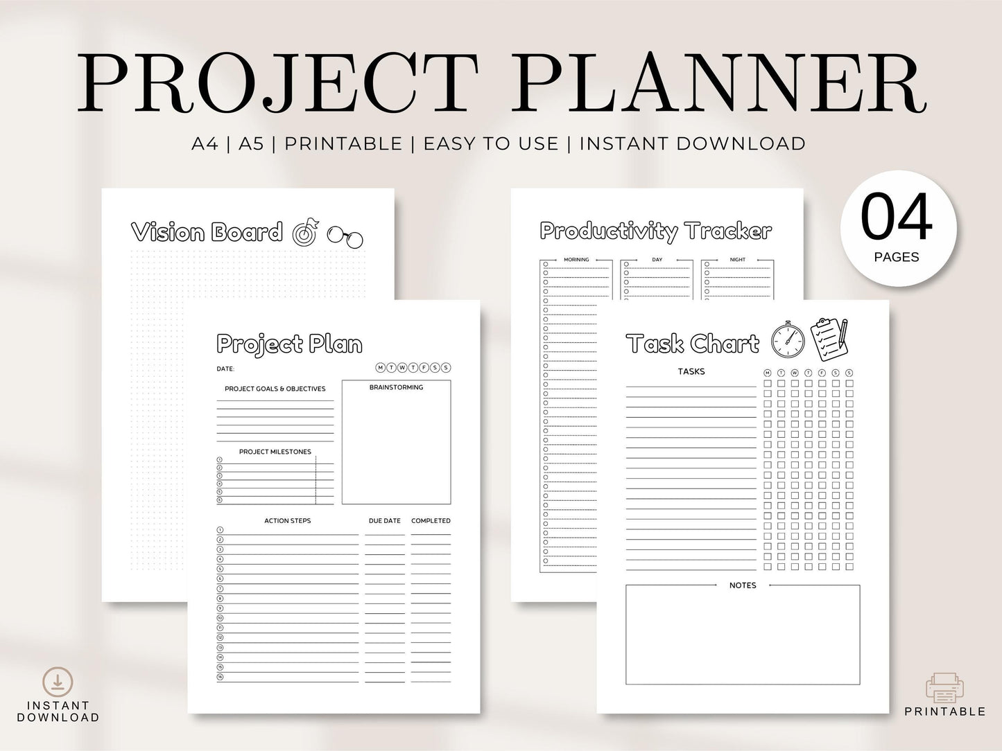 Project Planner Printable: Task List, Work Schedule (A4/A5 Digital Download)
