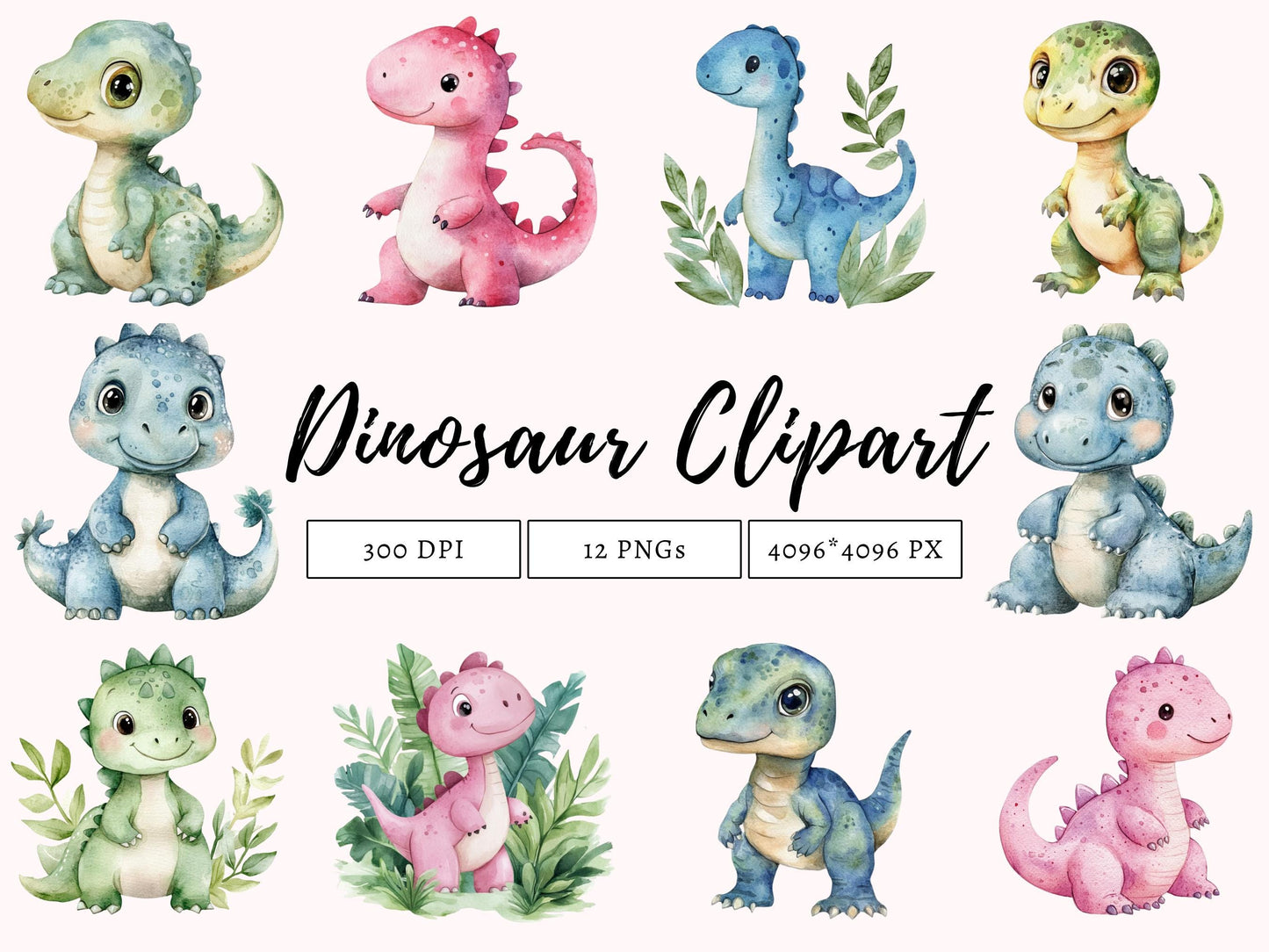 Niedliche Dinosaurier-Cliparts, Baby-Dinosaurier-Cliparts, süße Baby-Dinosaurier, Aquarell-Cartoon-Dinosaurier-Cliparts, Dinosaurier-Geburtstags-Cliparts