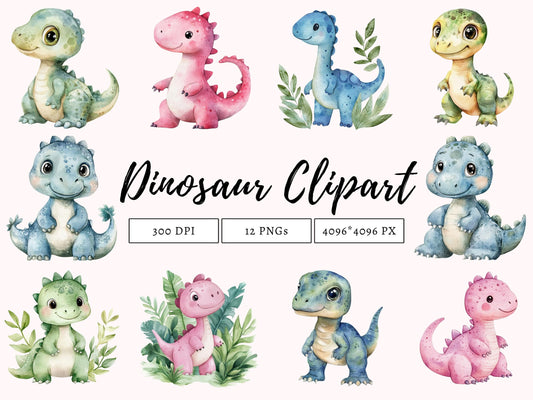 Cute Dinosaur Clipart Bundle, Baby Dinosaur Clipart, Cute Baby Dinosaur, Watercolor Cartoon Dinosaur Clipart, Dinosaur Birthday