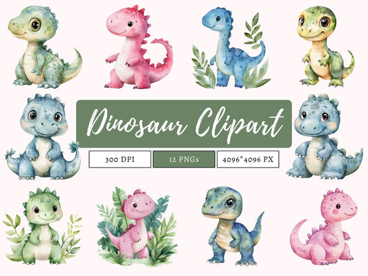 Cute Dinosaur Clipart Bundle, Baby Dinosaur Clipart, Cute Baby Dinosaur, Watercolor Cartoon Dinosaur Clipart, Dinosaur Birthday
