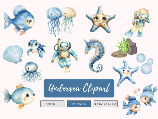 Sea Animal Clipart Bundle png, Undersea Watercolor Clipart Bundle, Ocean Animal Clipart, Undersea Clipart Bundle, Baby Wall Art Clipart