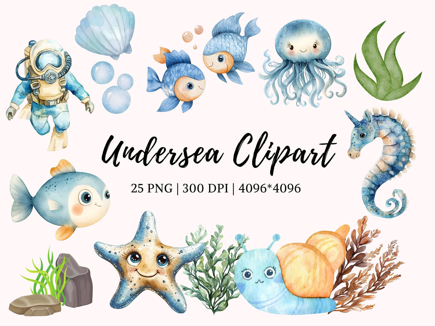 Meerestier-Clipart-Bundle (PNG), Unterwasser-Aquarell-Clipart-Bundle, Ozeantier-Clipart, Unterwasser-Clipart-Bundle, Baby-Wandbild-Clipart
