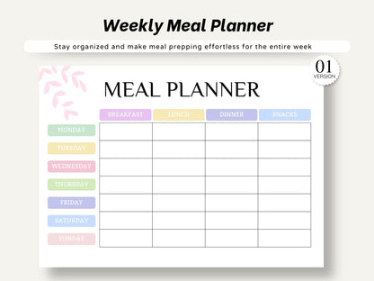 Weekly Meal Planner Printable: Grocery List, 7 Pages (Digital Download)