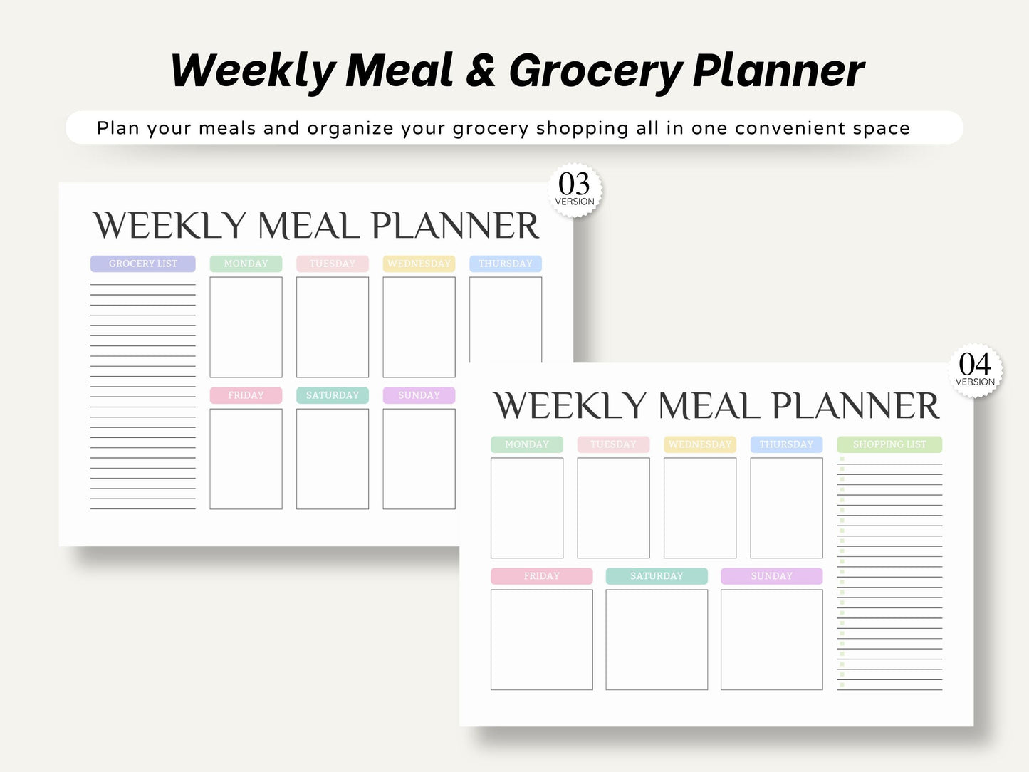 Weekly Meal Planner Printable: Grocery List, 7 Pages (Digital Download)
