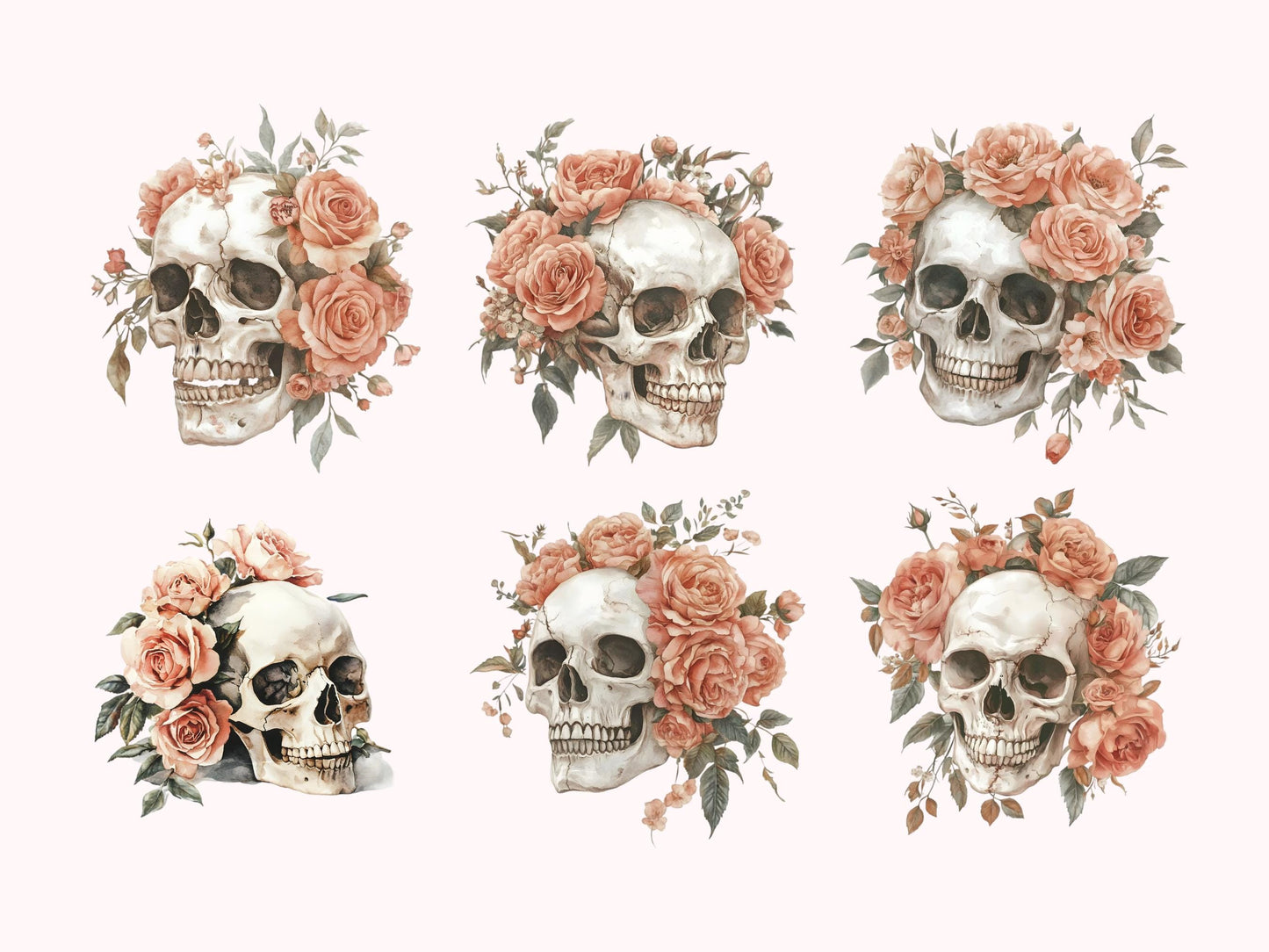 Floral Skull Clipart Bundle png, Skull png, Skull Clipart, Floral Skull Silhouette, Floral Skull Bundle, Gothic Clipart, Wiccan Clipart