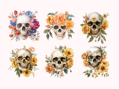 Floral Skull Clipart Bundle png, Skull png, Skull Clipart, Floral Skull Silhouette, Floral Skull Bundle, Gothic Clipart, Wiccan Clipart