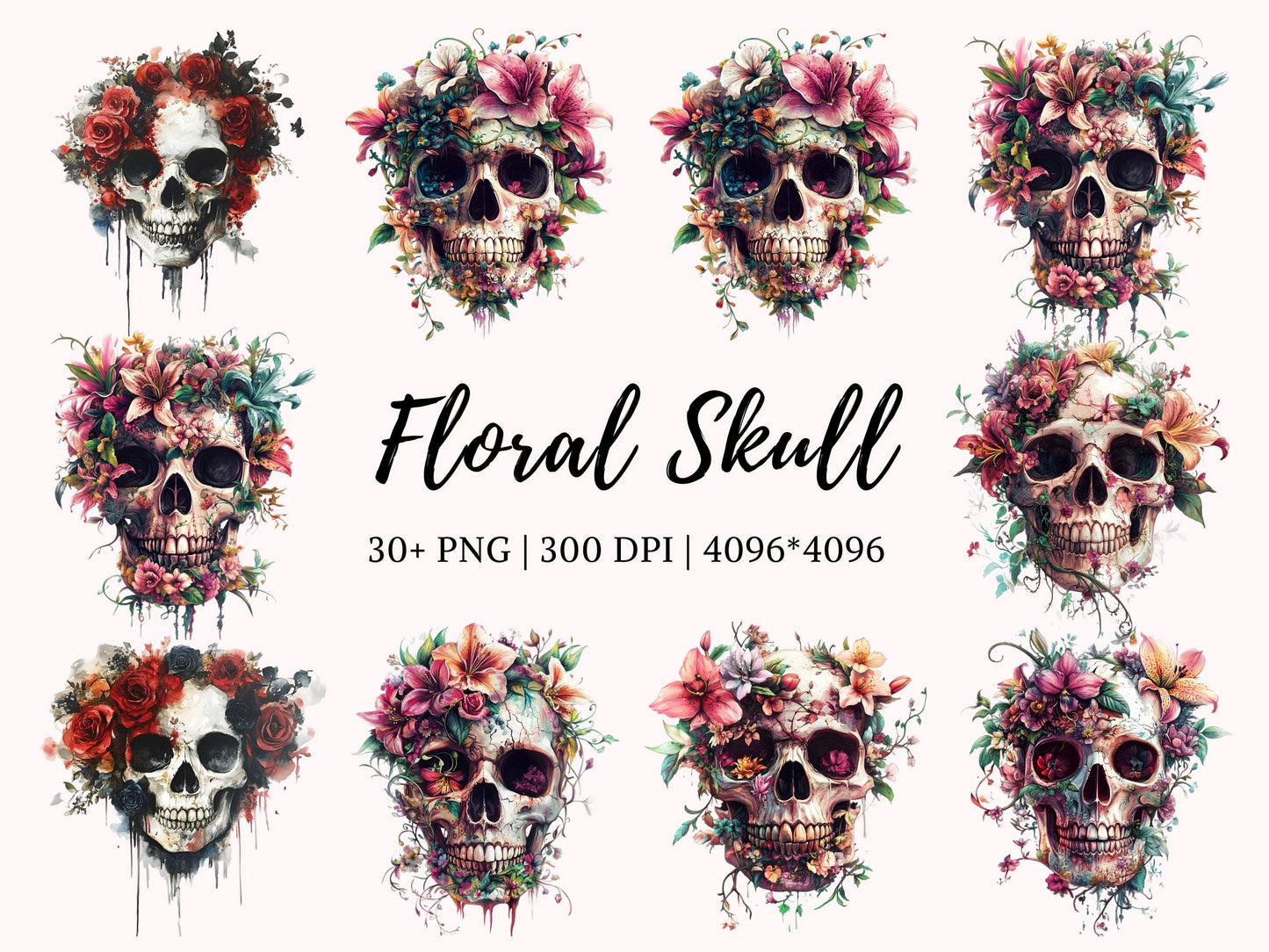 Floral Skull Clipart Bundle png, Skull png, Skull Clipart, Floral Skull Silhouette, Floral Skull Bundle, Gothic Clipart, Wiccan Clipart