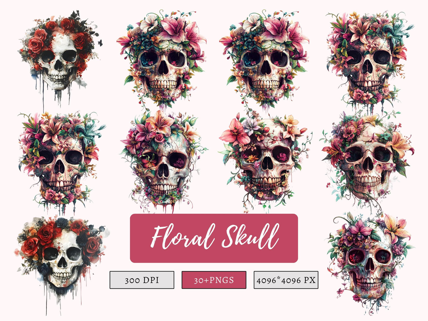 Floral Skull Clipart Bundle png, Skull png, Skull Clipart, Floral Skull Silhouette, Floral Skull Bundle, Gothic Clipart, Wiccan Clipart