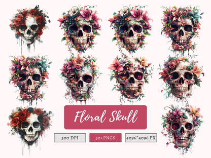 Floral Skull Clipart Bundle png, Skull png, Skull Clipart, Floral Skull Silhouette, Floral Skull Bundle, Gothic Clipart, Wiccan Clipart