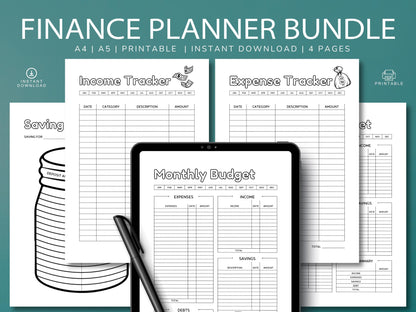 Monthly Finance Planner Bundle: Budget, Expense, Savings Trackers (Digital Download)