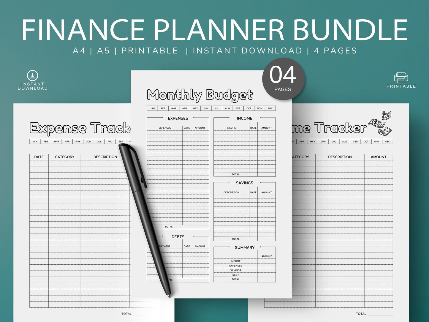 Monthly Finance Planner Bundle: Budget, Expense, Savings Trackers (Digital Download)