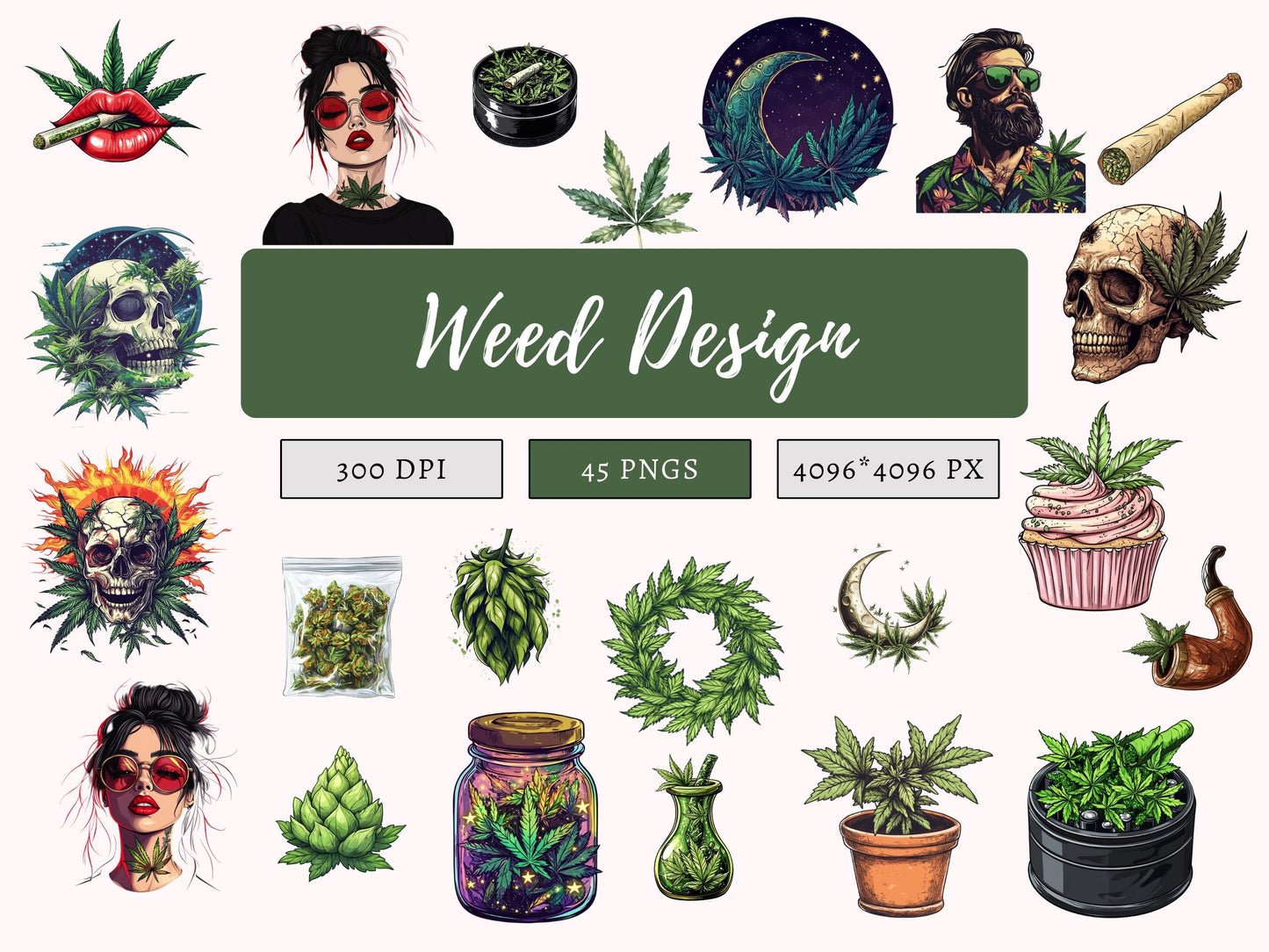 Cannabis-Clipart-Bundle (PNG), Weed-Clipart (PNG), Weed-Clipart (PNG), Cannabis-Clipart (PNG), Blatt-Clipart, Stoner-Girl-Clipart (PNG), Cannabis-Clipart