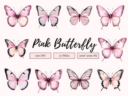 Pink Butterfly Clipart Bundle png, Butterfly Clipart, Watercolor Pink Butterfly Clipart, Wall Art, Butterflies Clipart, Digital Download