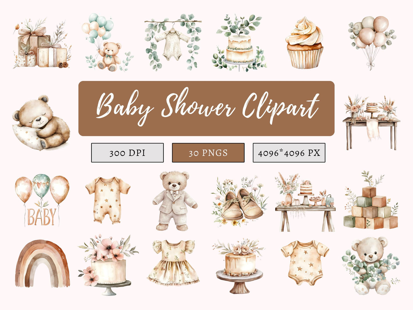 Boho Baby Shower Clipart Bundle png, New Born png Bundle, Neutral Nursery Clipart, Watercolor Boho Baby Shower Clipart Bundle png