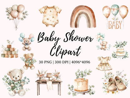 Boho Baby Shower Clipart Bundle png, New Born png Bundle, Neutral Nursery Clipart, Watercolor Boho Baby Shower Clipart Bundle png