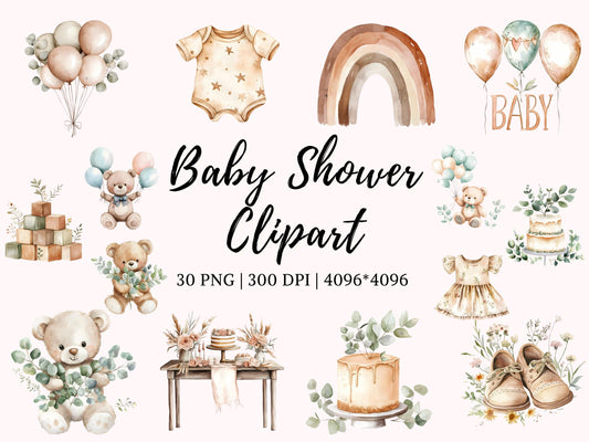 Boho Baby Shower Clipart Bundle png, New Born png Bundle, Neutral Nursery Clipart, Watercolor Boho Baby Shower Clipart Bundle png