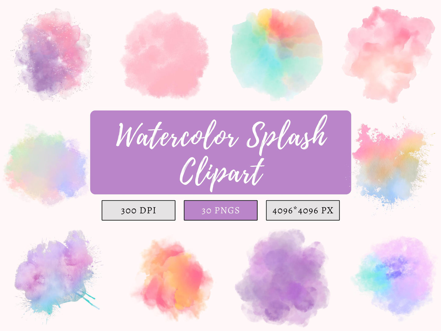 Pastel Watercolor Splash Clipart Bundle png, Paint Splatter png, Colorful Color Splash, Neutral Watercolor Splatter Clipart