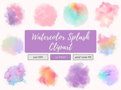 Pastel Watercolor Splash Clipart Bundle png, Paint Splatter png, Colorful Color Splash, Neutral Watercolor Splatter Clipart