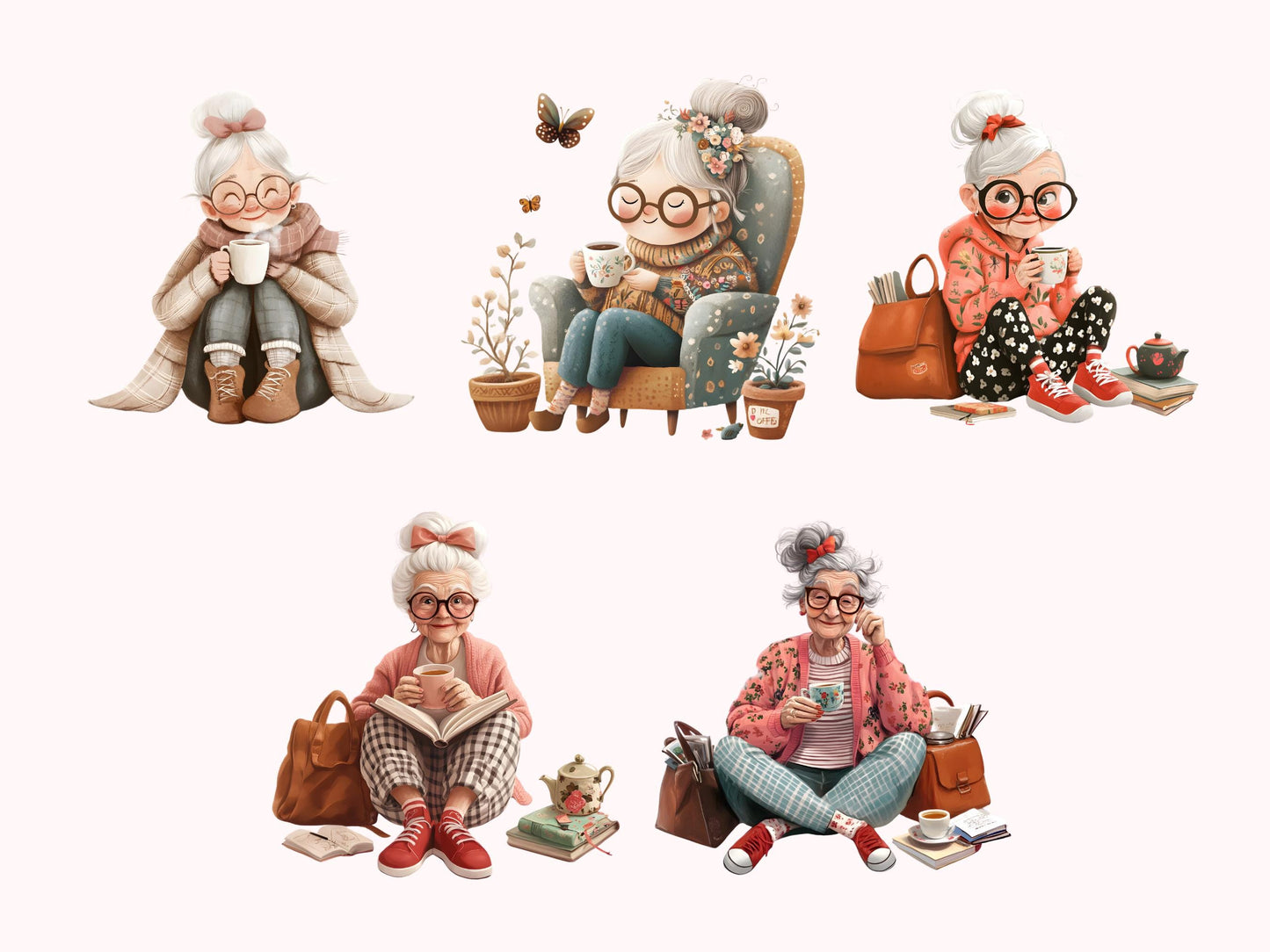 Ensemble d'images clipart de vieille dame, image clipart d'une vieille dame amusante avec un café (PNG), image clipart de café, image clipart d'amateur de café, dame âgée buvant du café