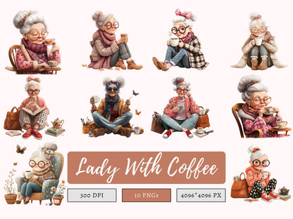 Ensemble d'images clipart de vieille dame, image clipart d'une vieille dame amusante avec un café (PNG), image clipart de café, image clipart d'amateur de café, dame âgée buvant du café