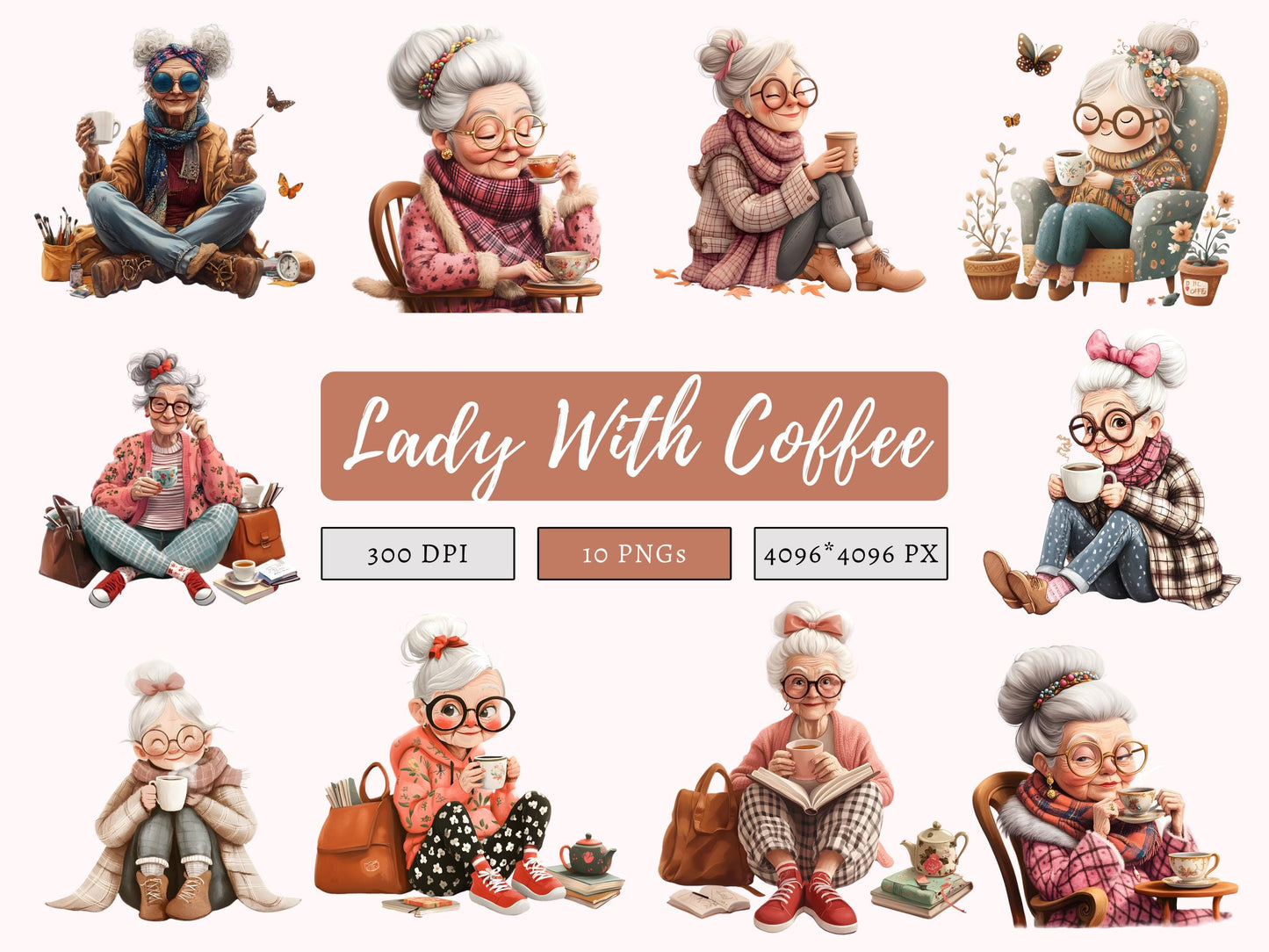 Ensemble d'images clipart de vieille dame, image clipart d'une vieille dame amusante avec un café (PNG), image clipart de café, image clipart d'amateur de café, dame âgée buvant du café