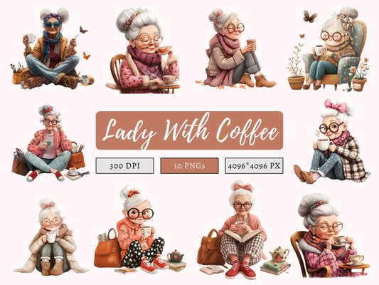 Old Lady Clipart Bundle, Funny Old Lady With Coffee Clipart png, Coffee Clipart, Coffee Lover Clipart, Senior Lady Drinking Coffee