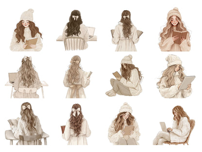 Planner Clipart png Bundle, Watercolor Planner Girl Clipart, Winter Season, Cuteness Clipart, Planner Lover Clipart, Planner Elements png